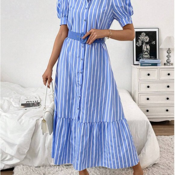 Temu | Striped Bltd Shirt Maxi Dress | Light Blue/White | Size XL/12 | Worn Once - Picture 2 of 8